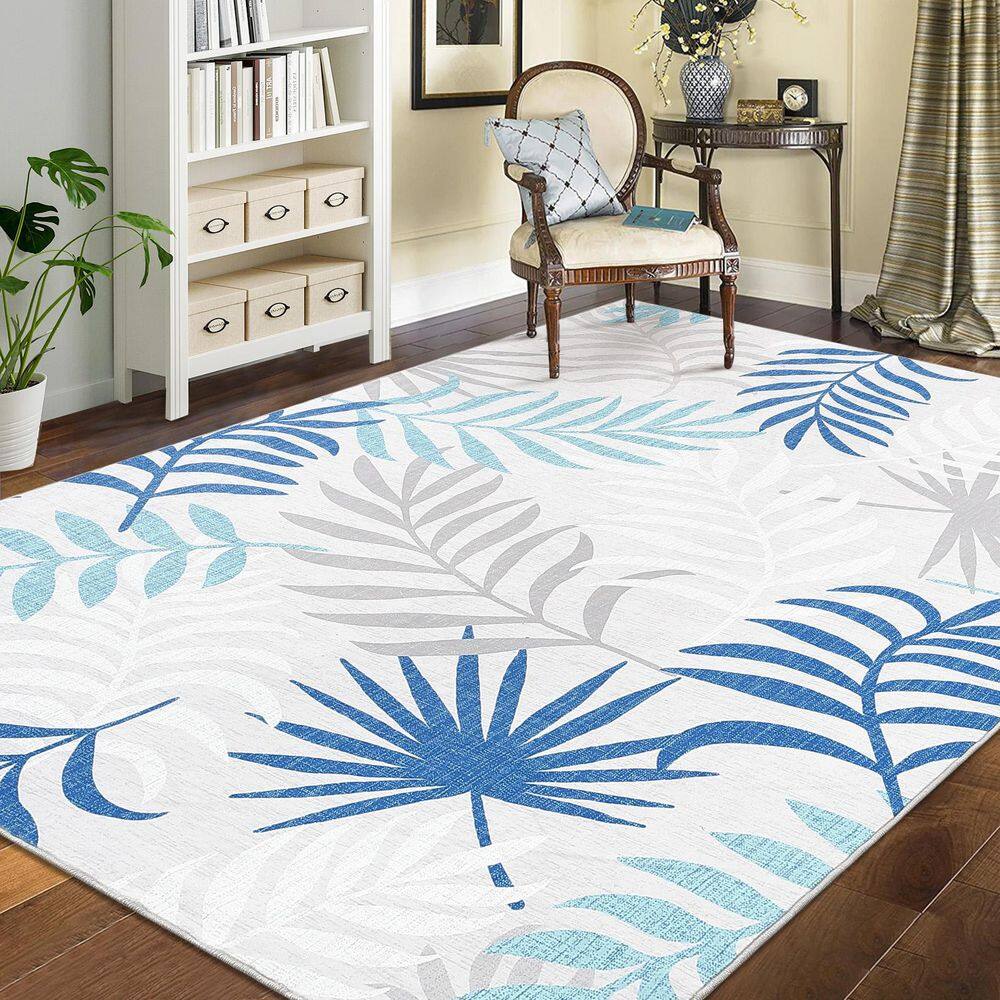 Modern Botanical Printed Rug with Non-slip Backing Short Pile Foldable Rug Washable Living Room Rug Blue 5X7ft - Hercitys