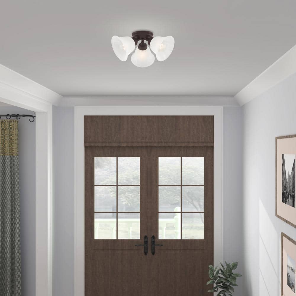 Woodside 14.5 in. 3-Light Bronze Industrial Flush Semi Mount with Alabaster Glass and No Bulbs Included - Hercitys