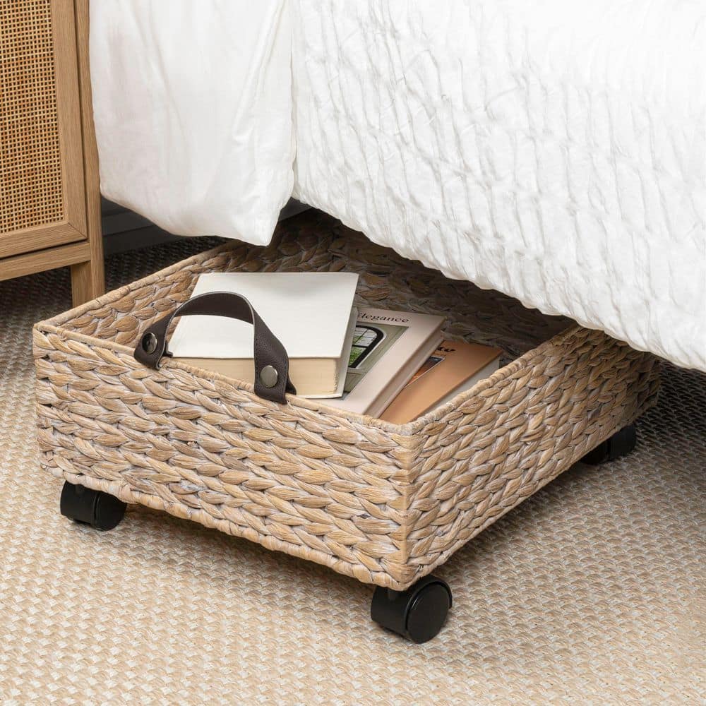 Adaline 5-Gal. Classic Farmhouse Handwoven Hyacinth Rectangular White Wash Underbed Storage Bin w/ Wheels and Handles - Hercitys
