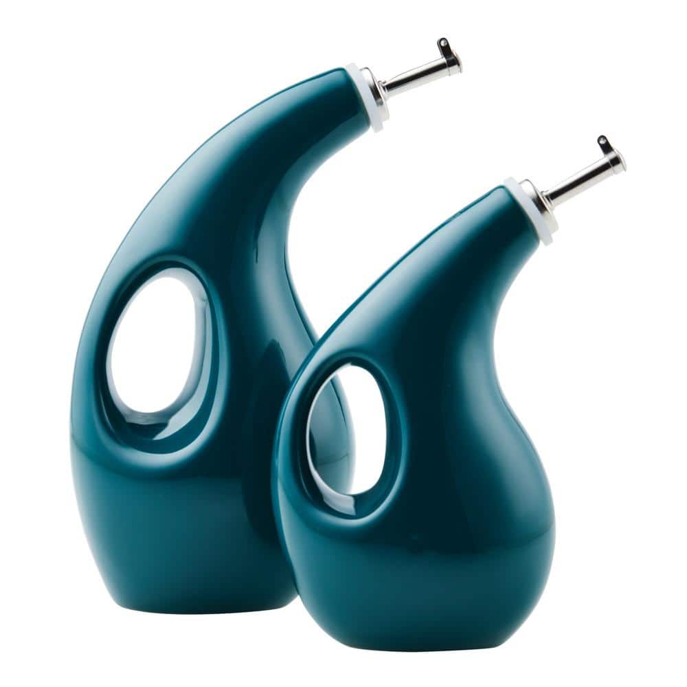 Teal Ceramic EVOO Oil and Vinegar Dispensing Bottle Set (2-Piece) - Hercitys