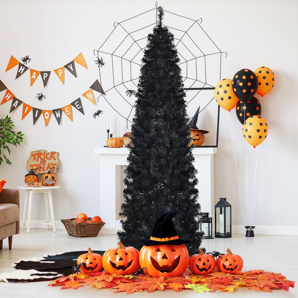 7 ft. Pre-Lit Black Halloween Artificial Christmas Tree Artificial PVC Slim Pencil Christmas Tree - Hercitys