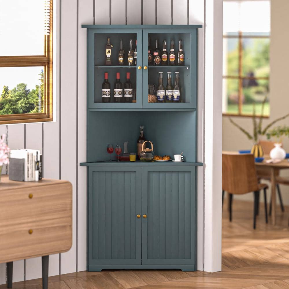 Corner Pantry Organizer Cabinet with Adjustable Shelves and Glass Doors in Teal Blue - Hercitys