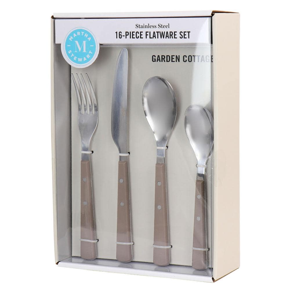 Martha Stewart Garden Cottage 16 Piece Stainless Steel Flatware Set in Taupe Beige Service for 4 - Hercitys
