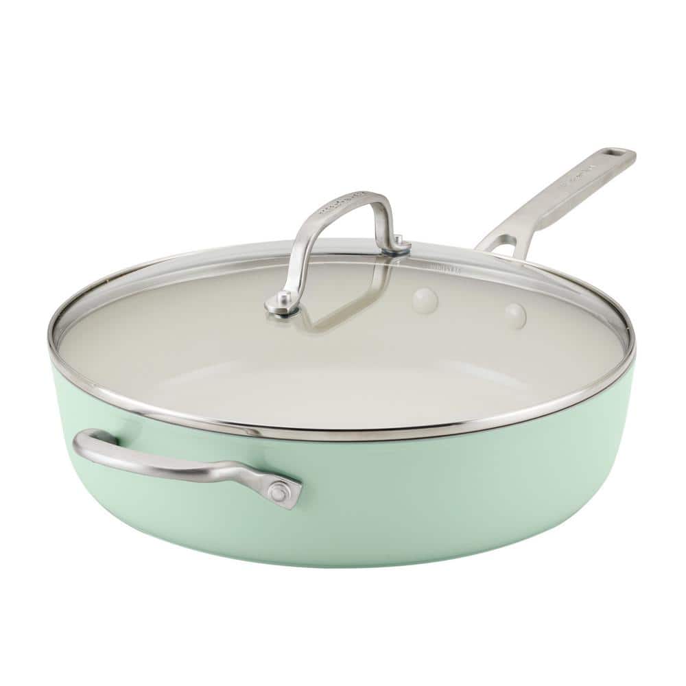 Hard Anodized Ceramic 5 qt. Hard Anodized Aluminum Nonstick Saute Pan with Lid, Pistachio - Hercitys