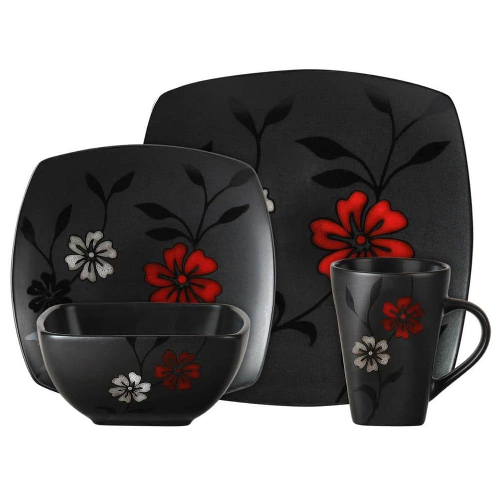 Evening Blossom 16-Piece Casual Black Stoneware Dinnerware Set (Service for 4) - Hercitys