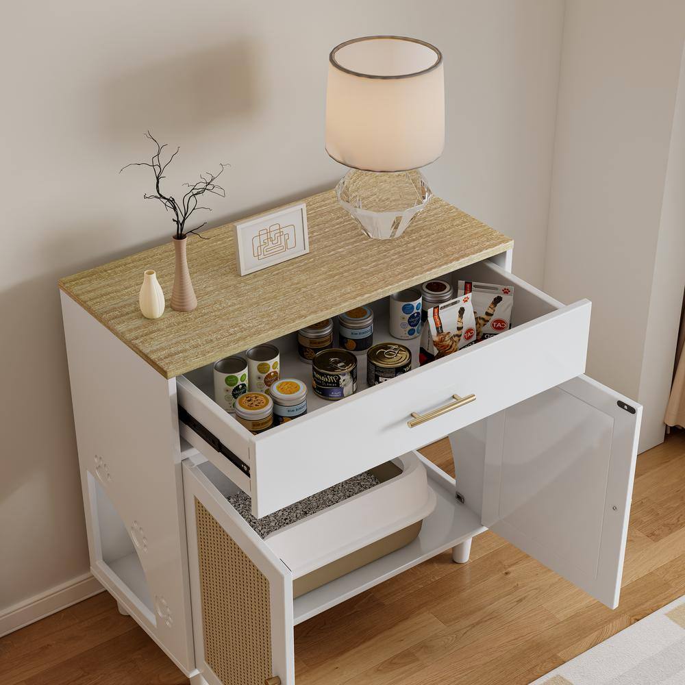White Cat Litter Box Enclosure with Scratch Pad, Hidden Litter Box Furniture, Storage Cabinet - Hercitys