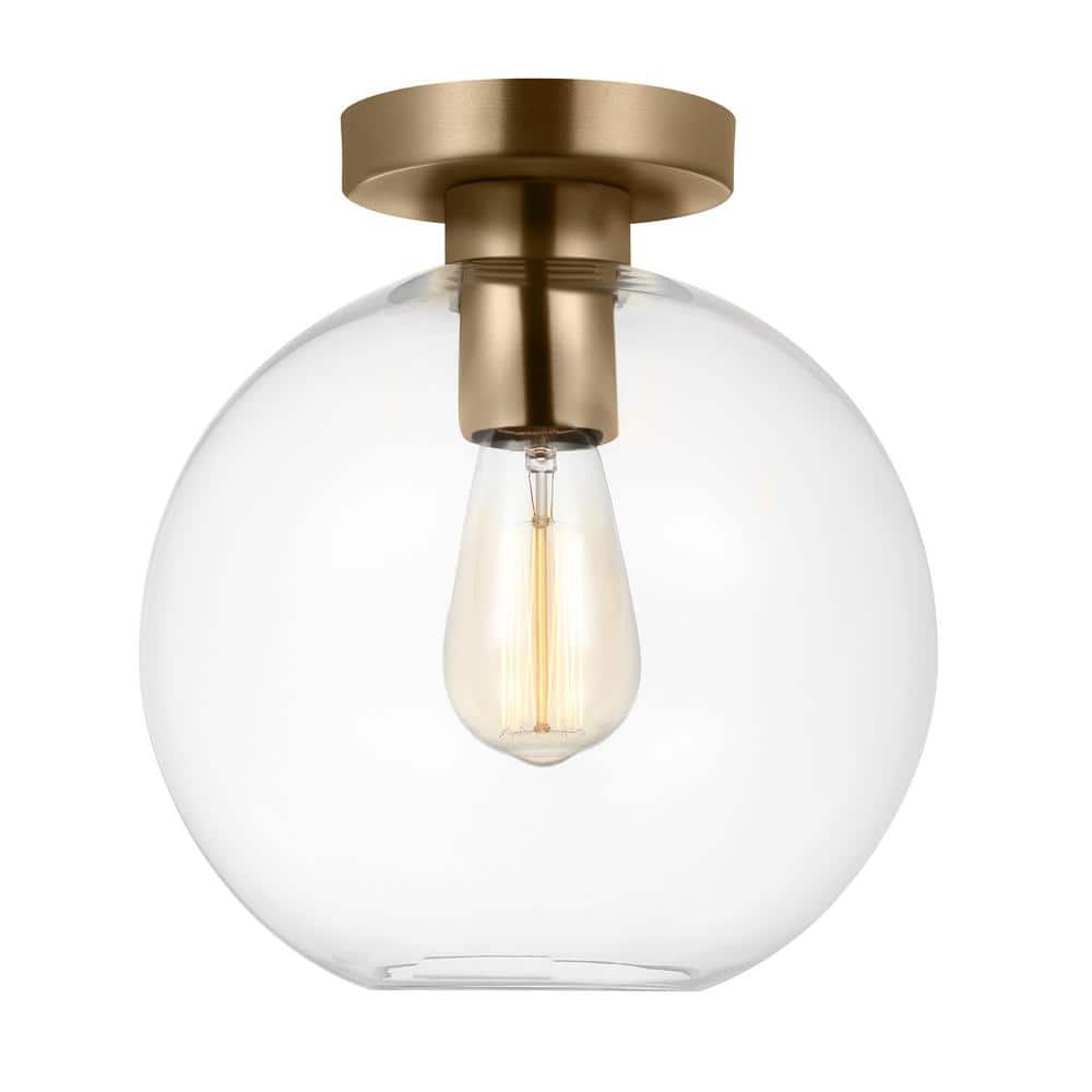 Orley 10 in. 1-Light Satin Brass Transitional Indoor/Outdoor Dimmable Wall or Ceiling Flush Mount with Clear Glass - Hercitys