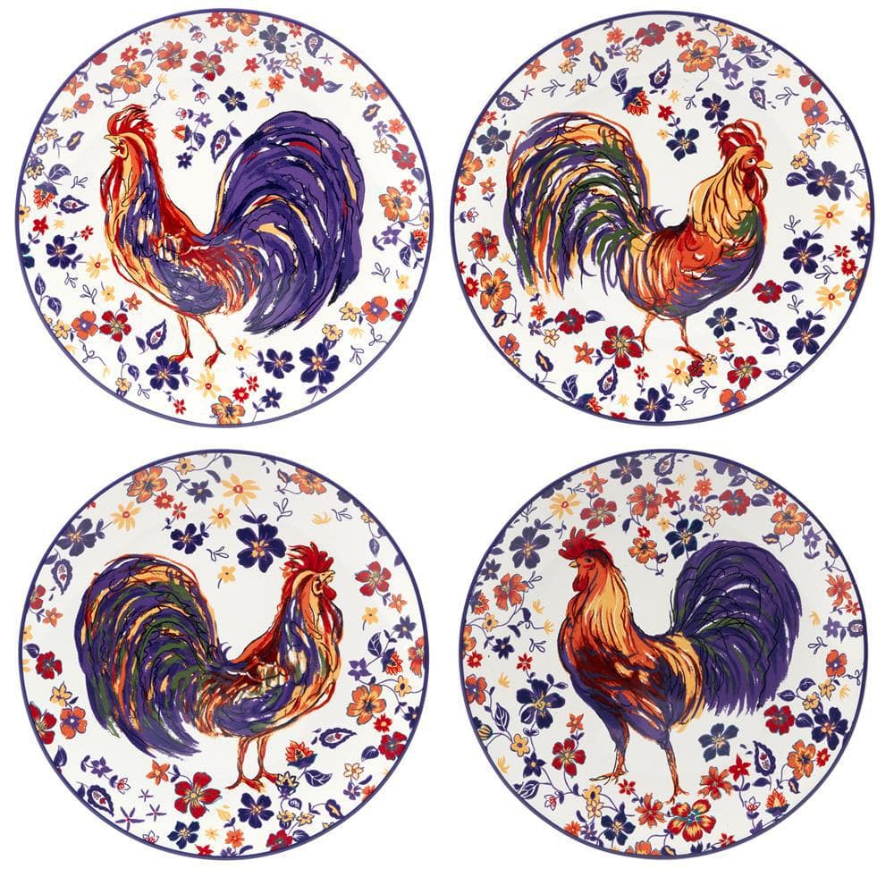 Multicolor Morning Rooster Earthenware Dinner Plates (Set of 4) - Hercitys
