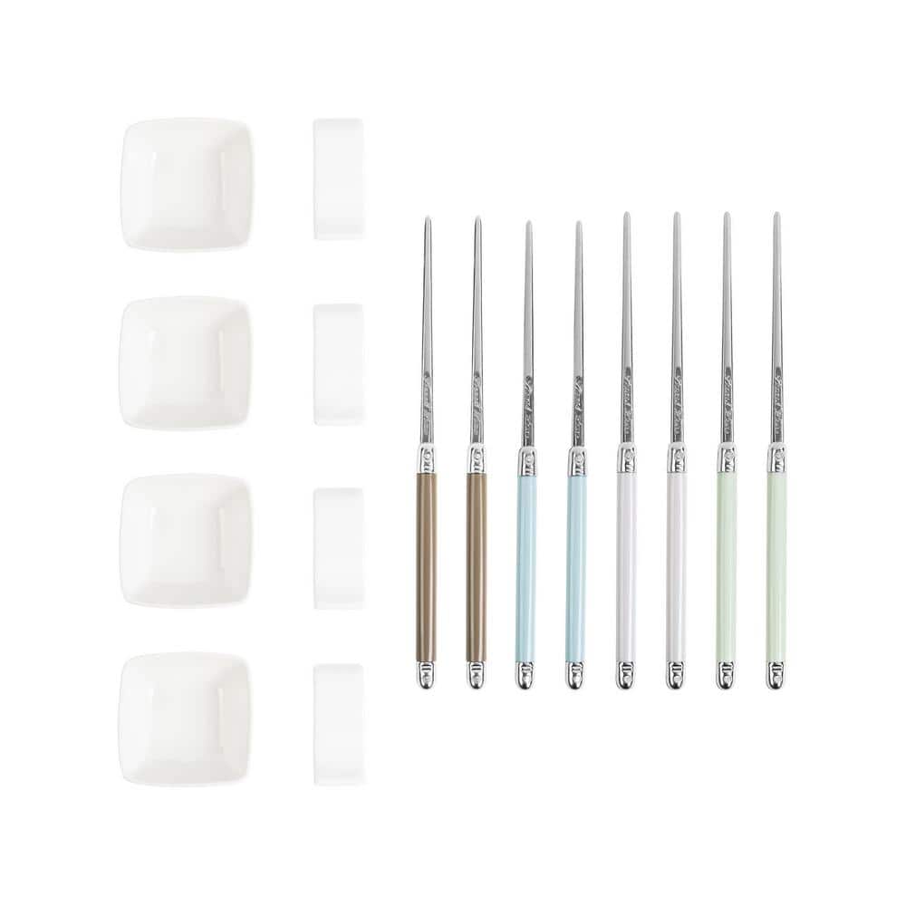 French Home Mother of Pearl Colored Chopsticks, Ceramic Rests and Sauce Bowls, Set of 4 Pairs - Hercitys
