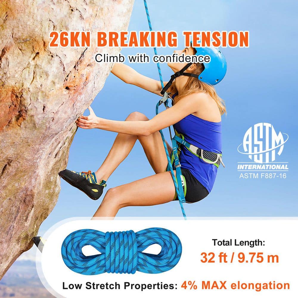 Static Climbing Rope, 32 ft. Outdoor Rock Climbing Rope with 26KN Breaking Tension, 0.4 in./10 mm High Strength Rope - Hercitys
