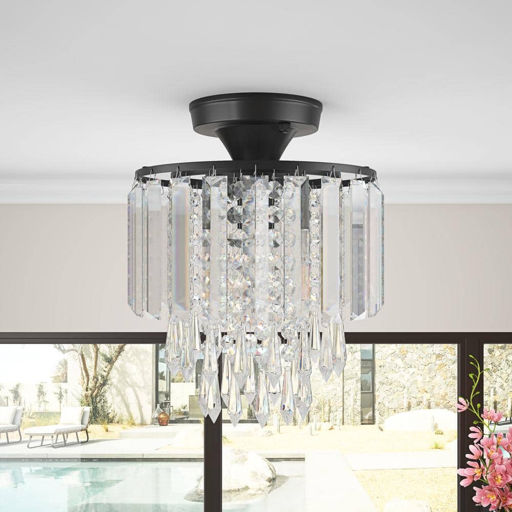 Modern 9.05 in. 1-Light Black Crystal Semi-Flush Mount Mini 3-Tier Close to Ceiling Light Fixture - Hercitys