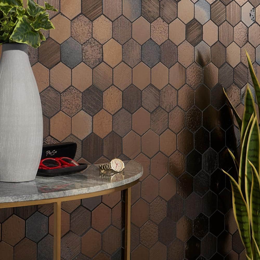 Deco Lava Hex Bronze Mix 12.83 x 10.23 in. Metallic Lava Stone Floor and Wall Mosaic Tile (0.86 sq. ft./Each) - Hercitys