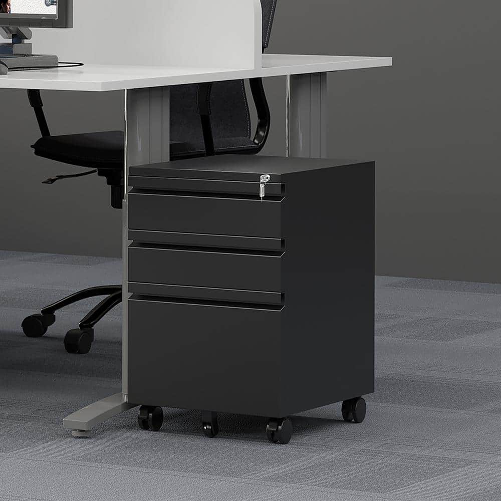 Black Mobile File Cabinet 14.6 in. W x 17.7 in. D Letter/Legal Metal 3-Drawer with Lock on Wheels - Hercitys