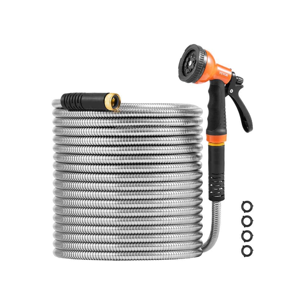 Metal Garden Hose 0.38 in. dia. x 75 ft., Rust Proof Stainless Steel Water Hose, Heavy Duty Hose with 10 Function Nozzle - Hercitys