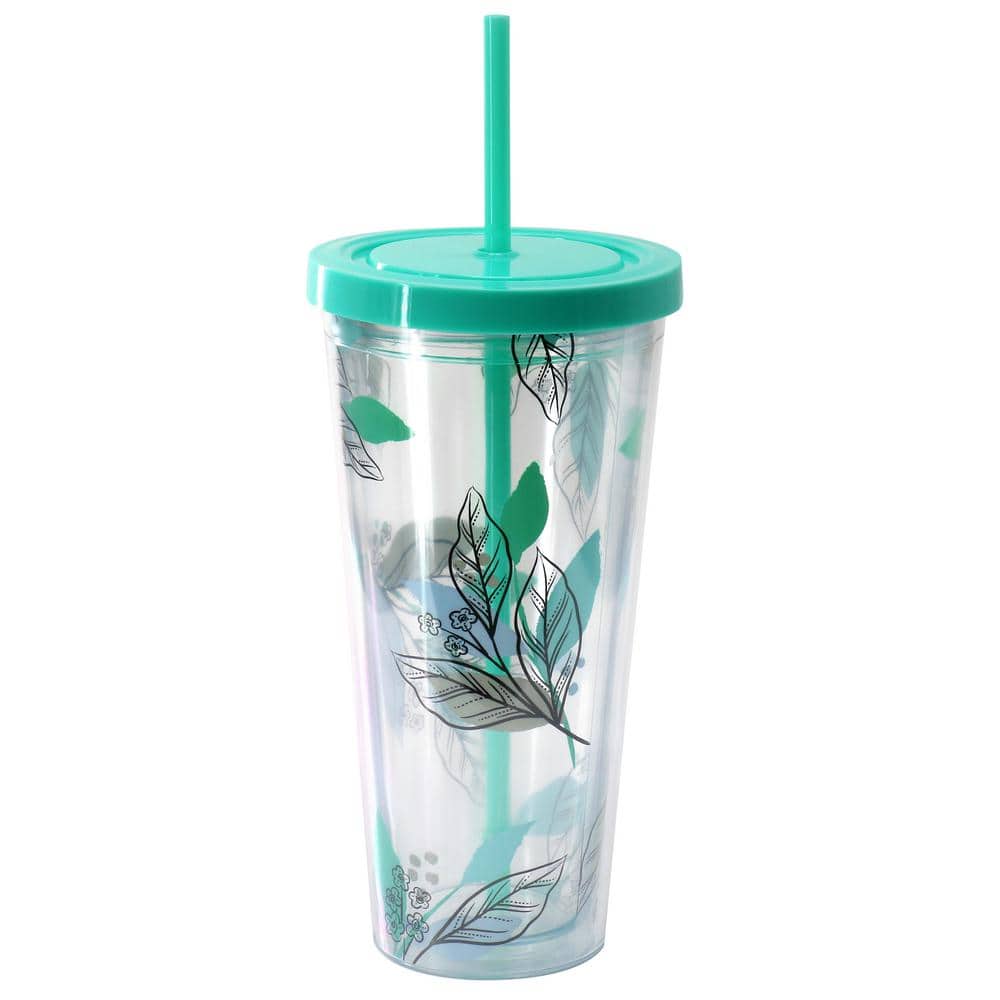 Tropical Sway Vineyard 6-Piece 24 oz. Double Wall Plastic Tumbler Set with Lid and Straw in Teal - Hercitys