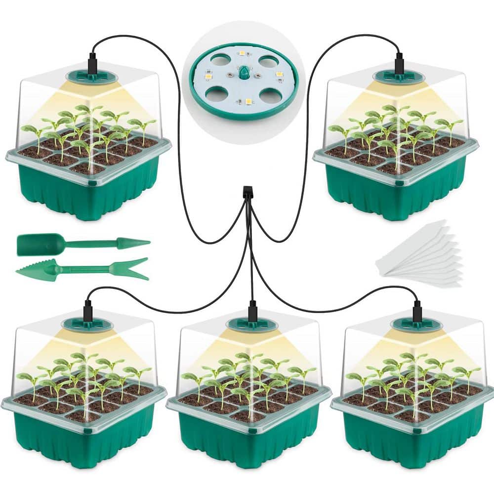 Reusable Seed Starter Tray Kit with LED Grow Lights, 12 Cells per Tray, Humidity Dome, Hydroponic Propagation - Hercitys