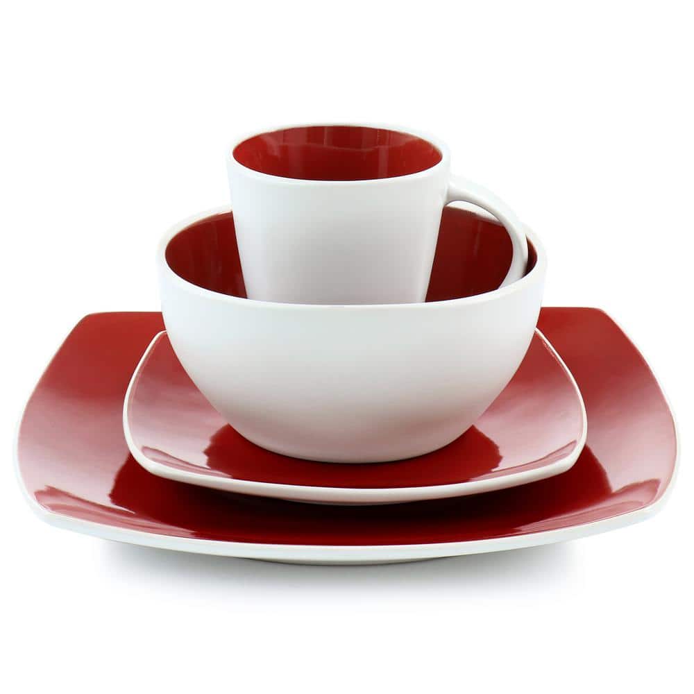 Soho Lounge 16-Piece Soft Square Stoneware Dinnerware Set in Red and White - Hercitys