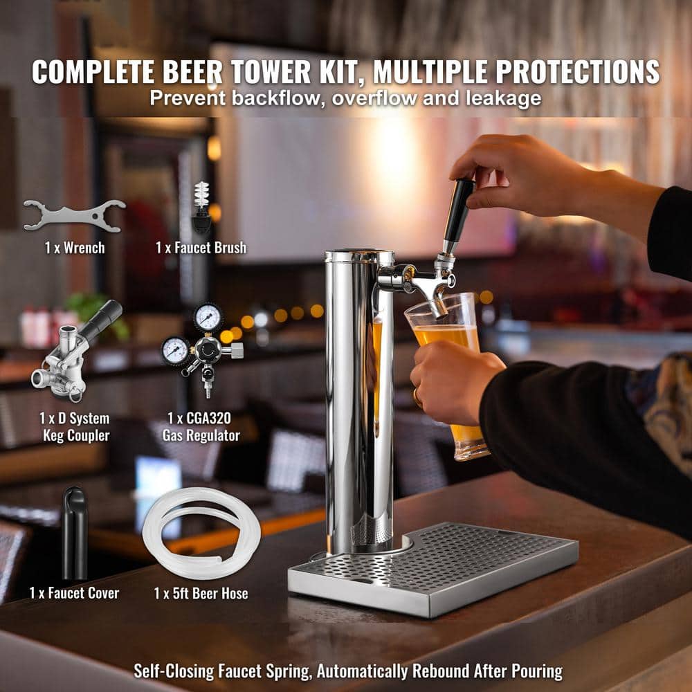 Kegerator Tower Kit, Single Tap Beer Dispenser, Stainless Steel Keg Tower with Dual Gauge CGA320 Regulator, Silver - Hercitys