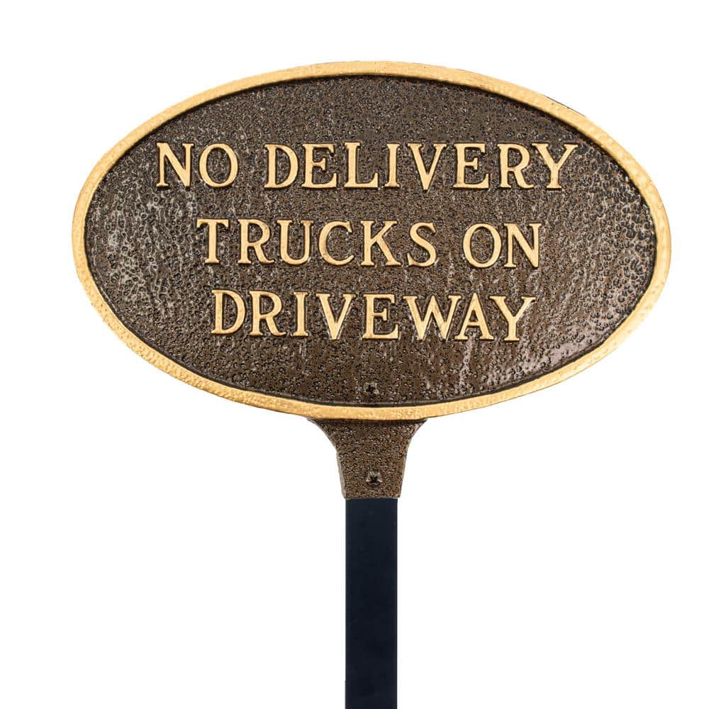 No Delivery Trucks on Driveway Small Oval Statement Plaque with 17.5 in. Lawn Stake-Hammered Bronze - Hercitys