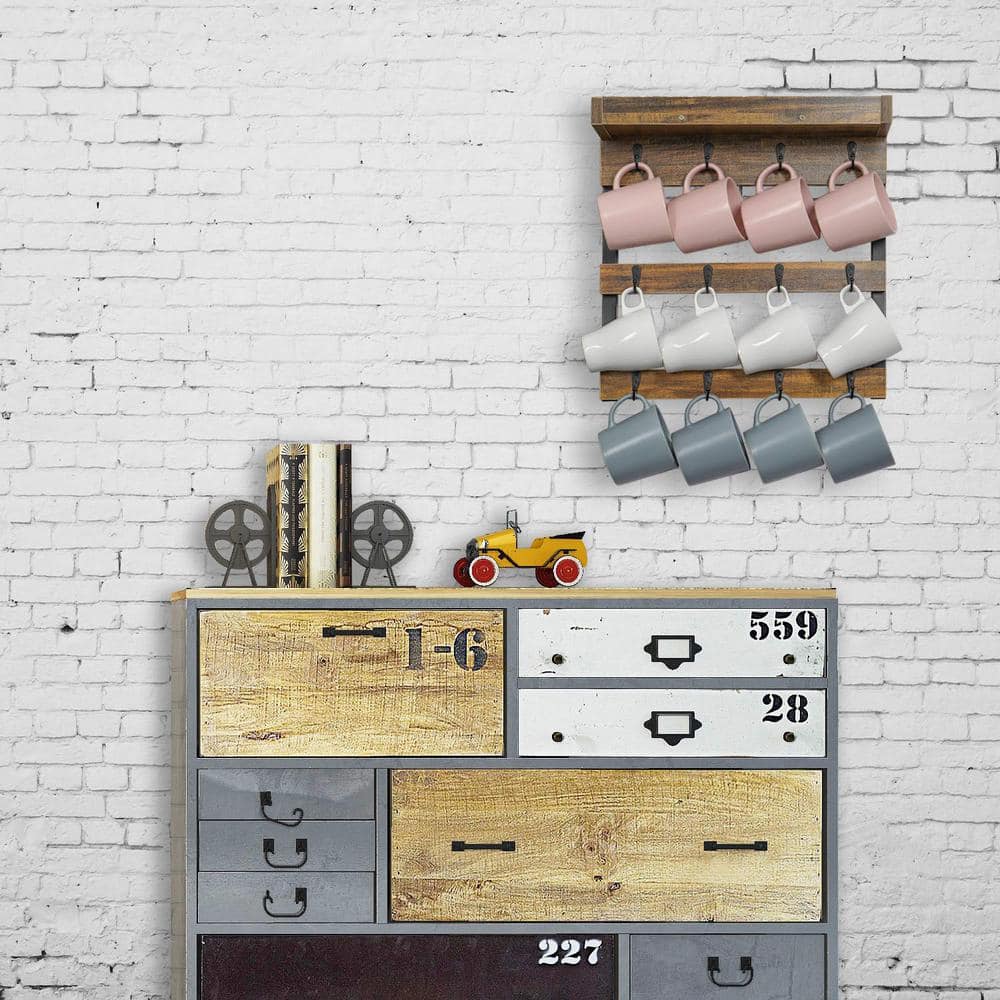 Rustic Brown Wall Mounted Coffee Mug Hook Rack, Cups Rack with 12-Hooks and Storage Shelf - Hercitys