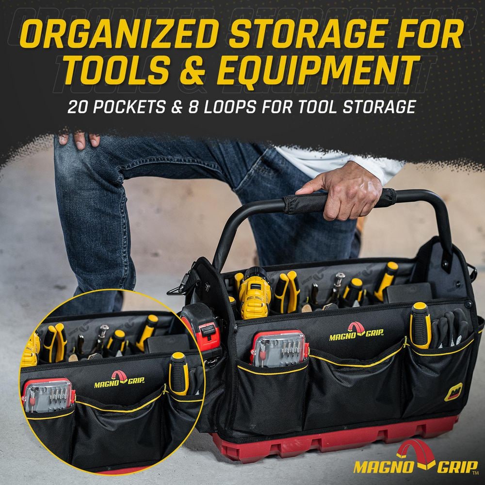 RED Base Series 18 in. 20-Pocket Tool Tote Bag, 8 Loops, Comfort Grip Steel Handle, Adjustable Padded Shoulder Strap - Hercitys