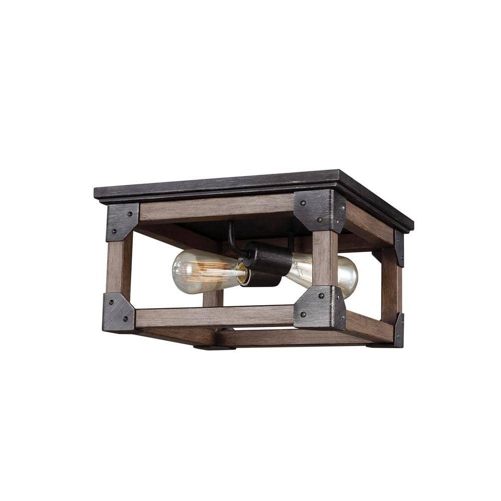 Dunning 13.5 in. W. 2-Light Weathered Gray and Distressed Oak Flush Mount - Hercitys