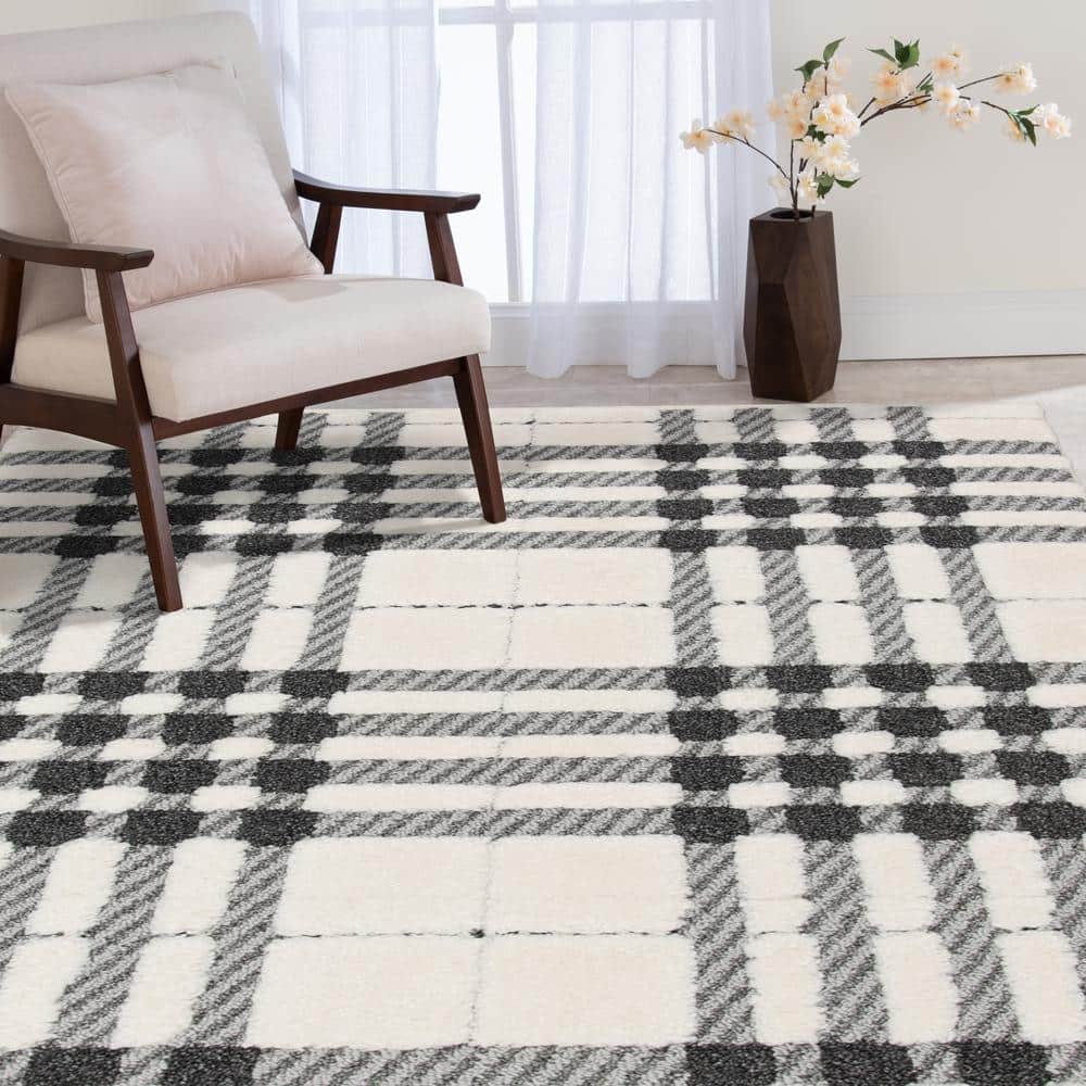 Shag Black and White 5 ft. x 7 ft. Menswear Polypropylene Area Rug - Hercitys