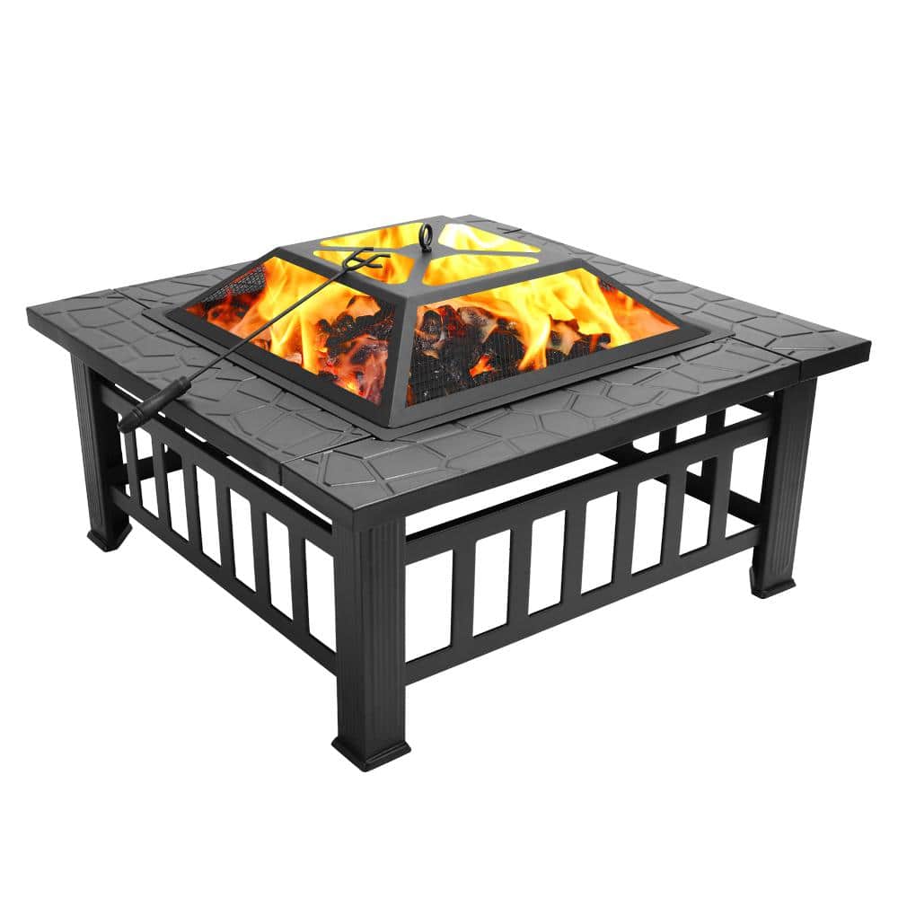 Fire Pit Table 32 in. Square Metal Firepit Stove Backyard Patio Garden Fireplace for Camping, Outdoor Heating, Bonfire - Hercitys