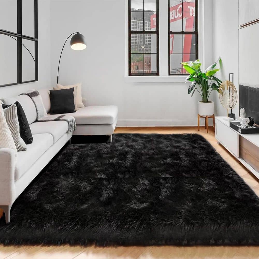 Sheepskin Faux Furry Black Shaggy Cozy Rugs 5 ft. x 6 ft. 6 in. Area Rug - Hercitys