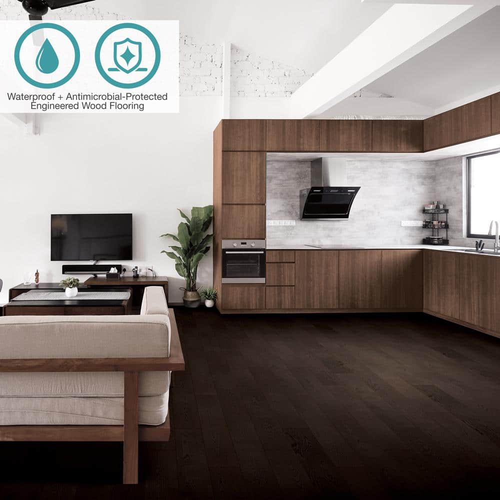 Defense+ Black Raven Oak 3/8 in. T x 7.5 in. W Click Lock Wire Brushed Engineered Hardwood Flooring (24.54 sq. ft./Case) - Hercitys