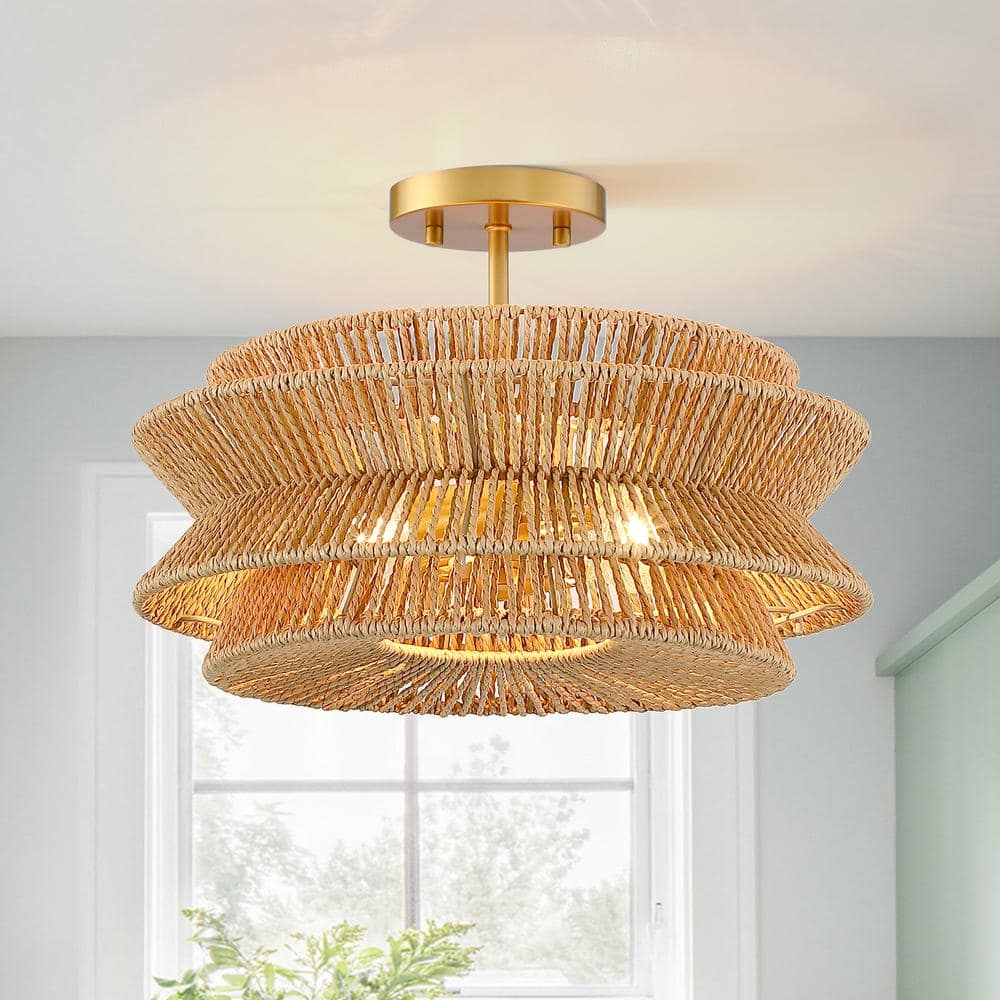 Silvia 16 in. 2-Light Bohemian Woven Rope Semi-Flush Mount Ceiling Light - Hercitys