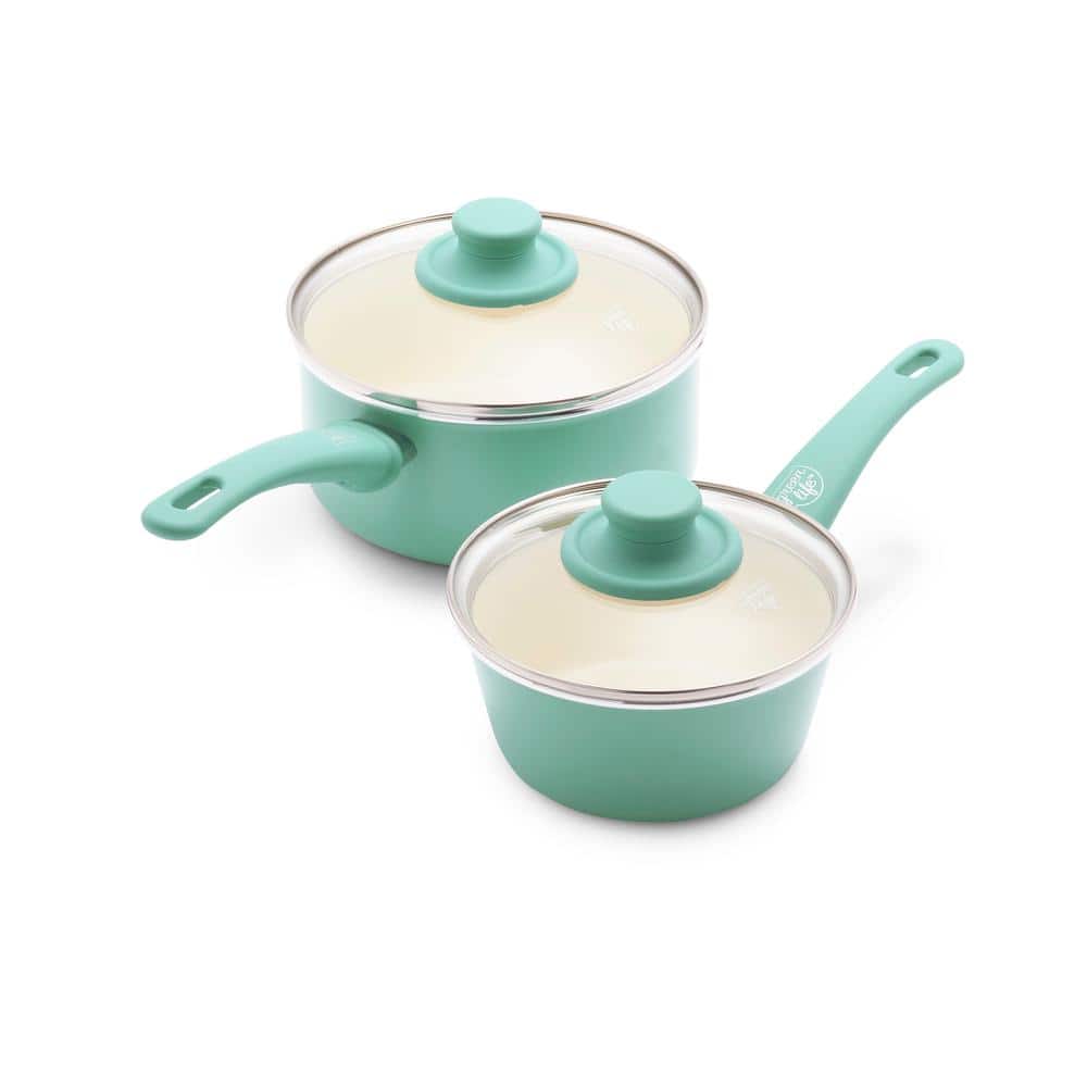Soft Grip 4-Piece 1 Qt. and 2 Qt. Healthy Ceramic Nonstick Sauce pan Set in Turquoise with Lids - Hercitys