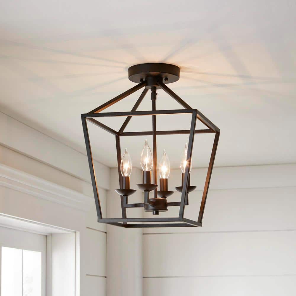 Weyburn 16.5 in. 4-Light Bronze Farmhouse Semi-Flush Mount Ceiling Light Fixture with Caged Metal Shade - Hercitys