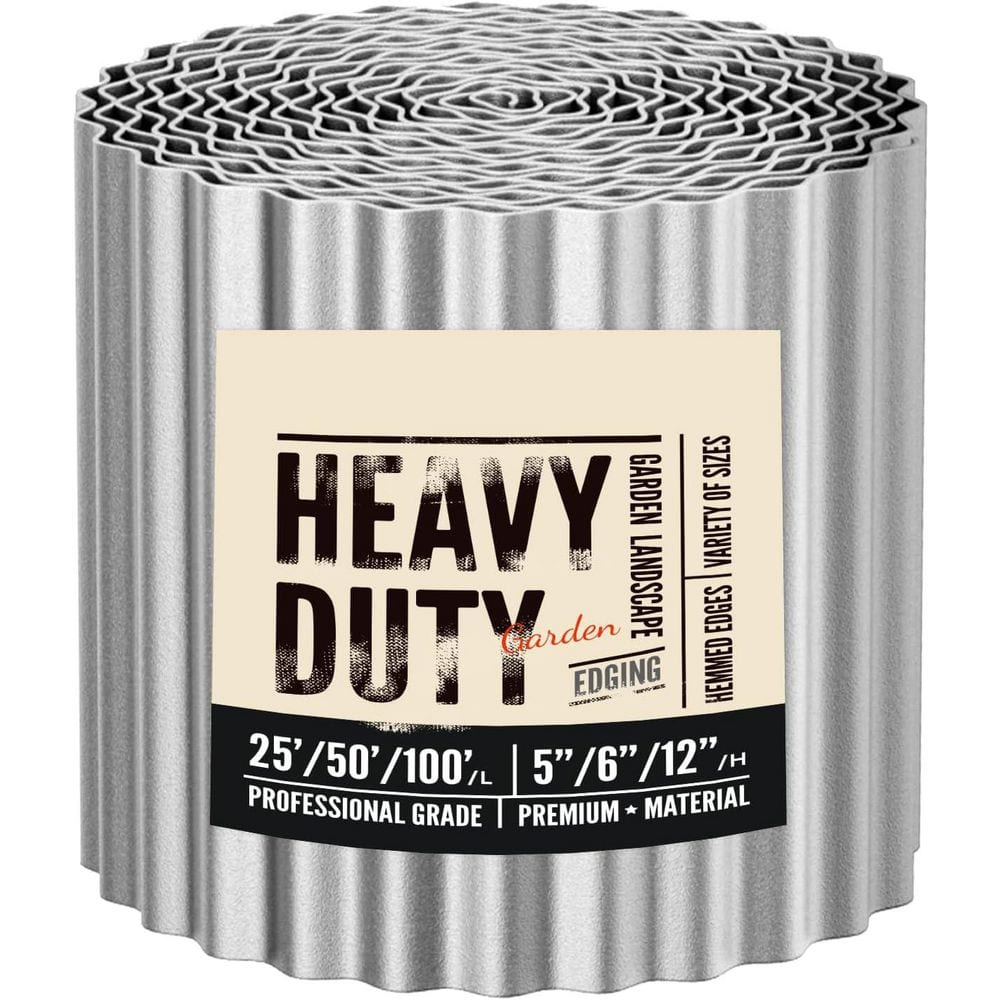 6 in. x 50 ft. Corrugated Metal Garden Edging, Silver, Galvanized Steel, DIY-Friendly, Weather-Resistant - Hercitys