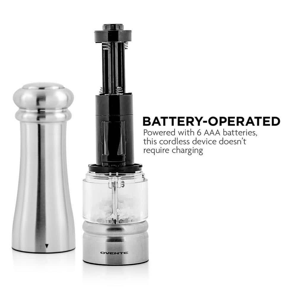 Stainless Steel Electric Pepper Mill Grinder Set, 6 AA Battery Operated, Ceramic Blades, Silver - Hercitys