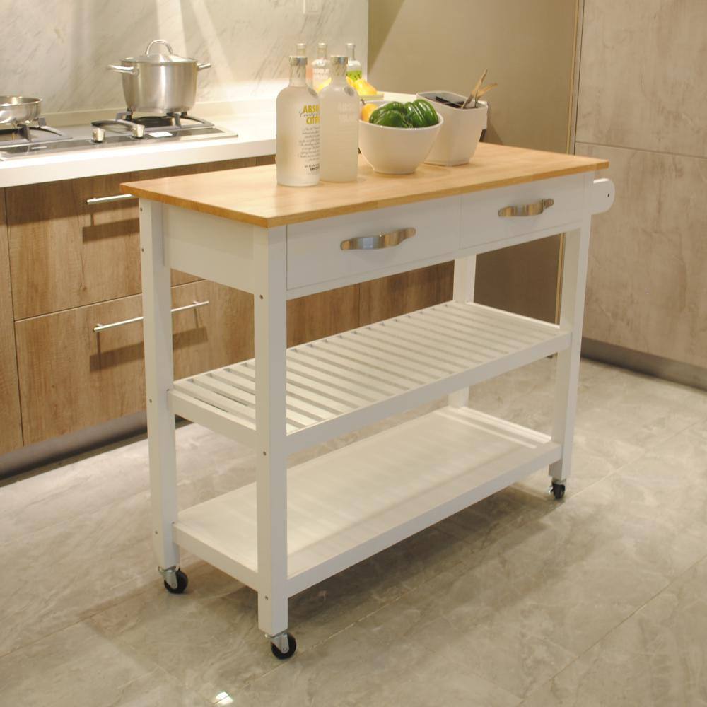 White Wood Top Material 45 in.. W Kitchen Island with Lockable Wheels and Drawers, Kitchen Cart - Hercitys
