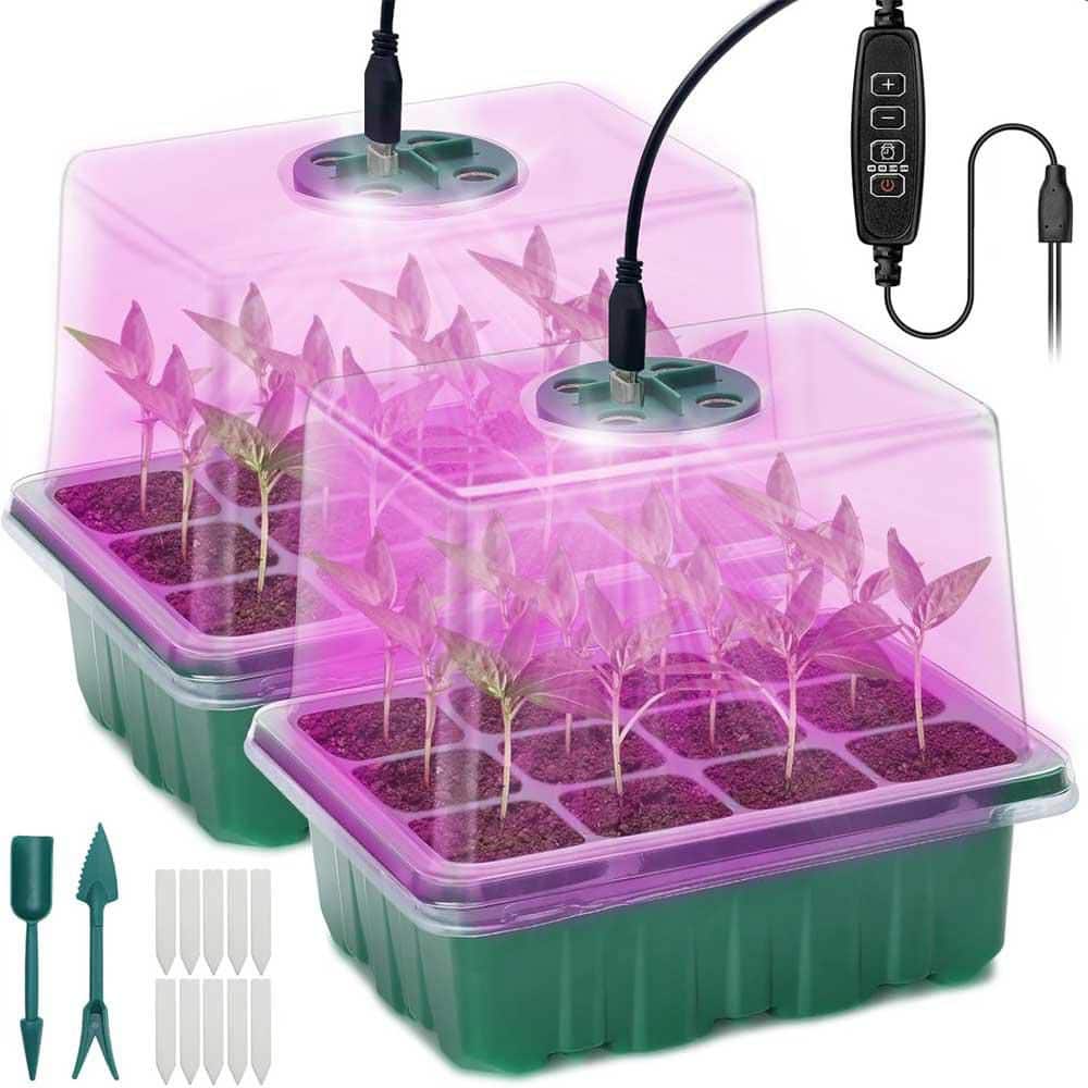Seed Starter Tray w/ Grow Light 2-Piece Mini Greenhouse Kit with Humidity Domes and Base,Adjustable Brightness and Timer - Hercitys