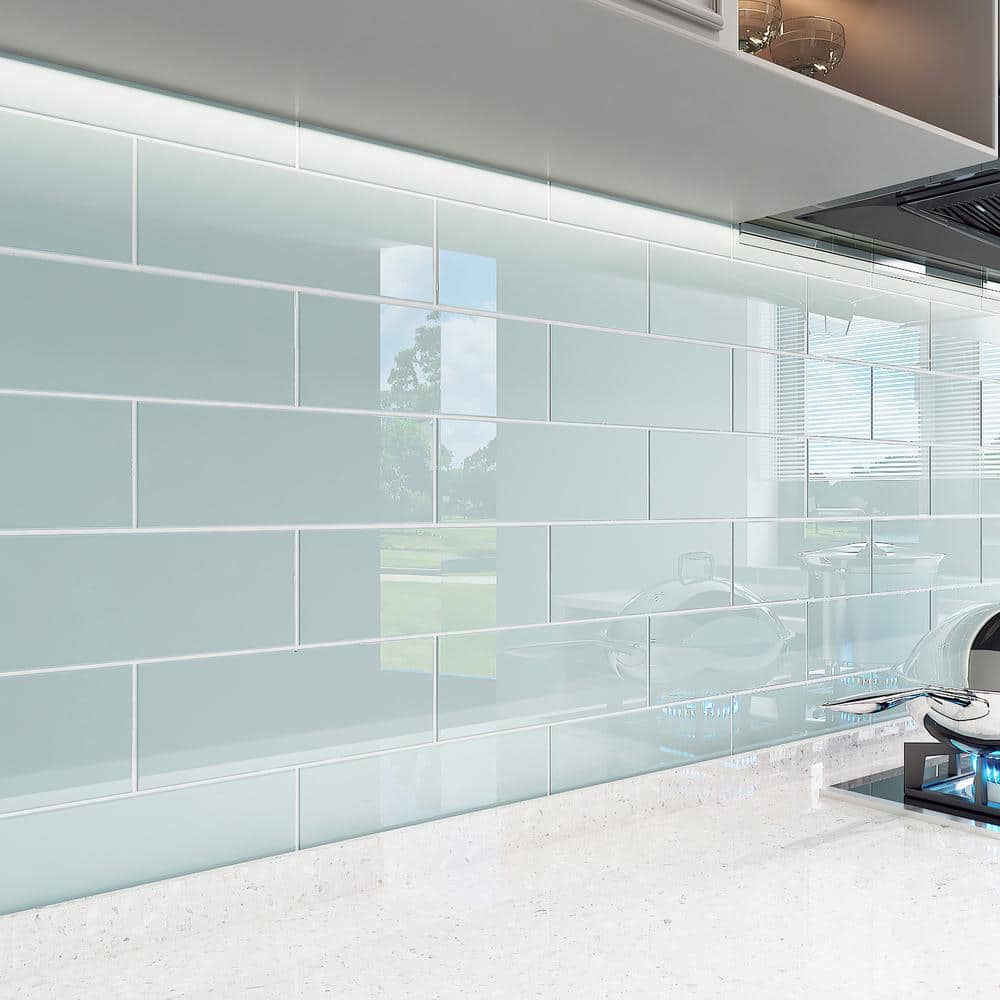 Baby Blue 4 in. x 12 in. x 8mm Glass Subway Tile (5 sq. ft./Case) - Hercitys