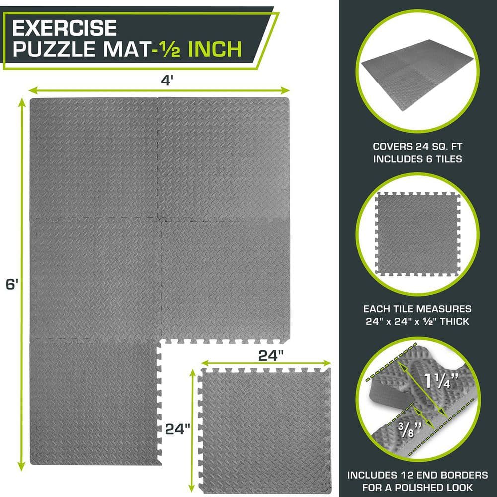 Gray 24 in. W x 24 in. L x 0.5 in. T EVA Interlocking Foam Gym Flooring Mat (6 Tiles/Pack) (24 sq. ft.) - Hercitys