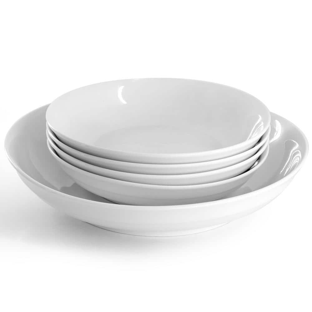 Great Essentials 18 fl. oz. White Fine Ceramic Pasta Bowl and Serving Bowl Set of 5 - Hercitys