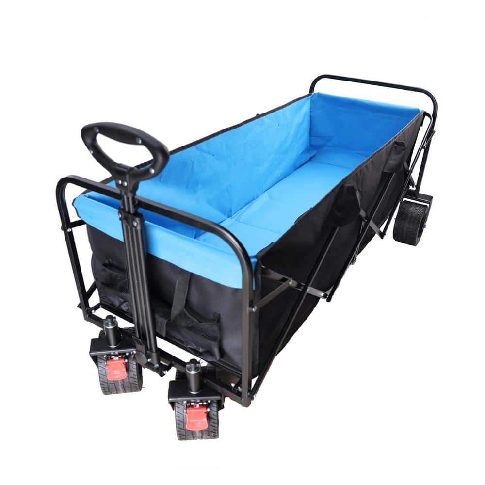 9.78 cu. ft. Steel Blue Black Big Folding Cart Extra-Long Extender Wagon Garden Cart Shopping Beach Cart - Hercitys