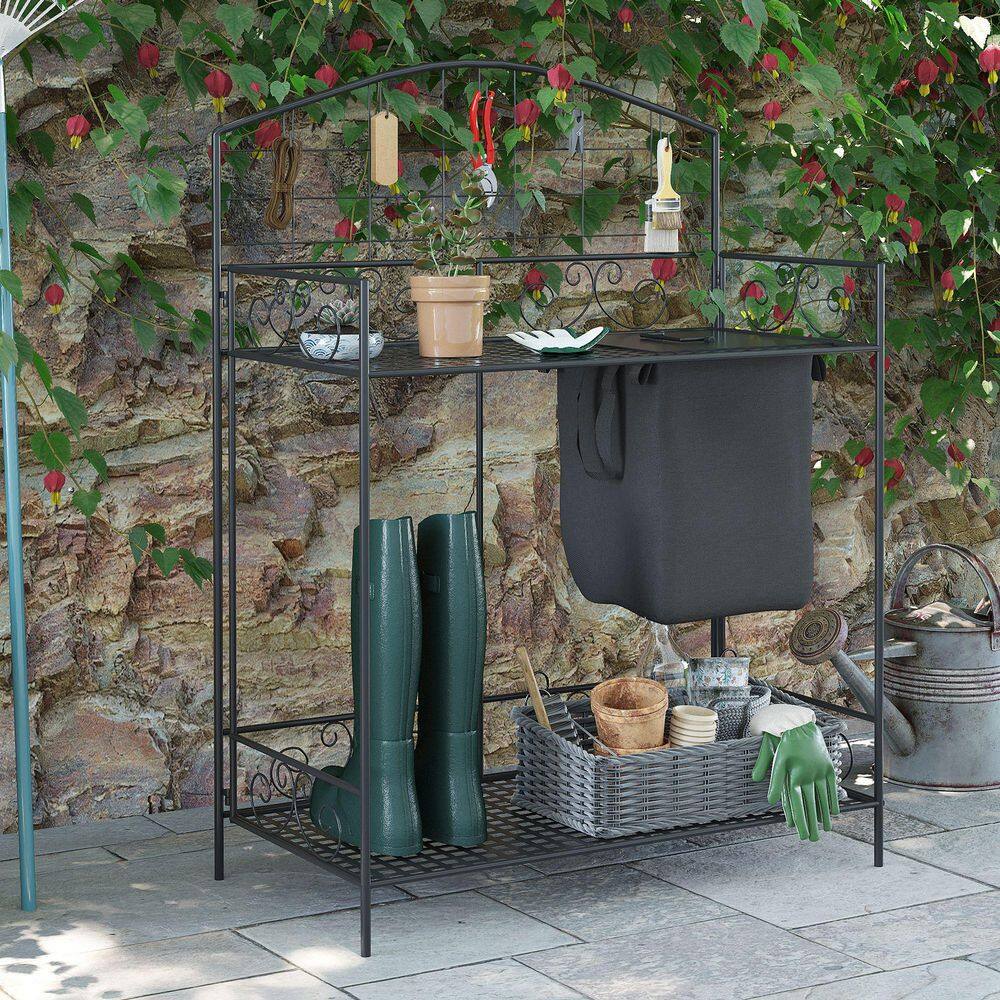 Metal Folding Potting Bench Table with Large Build-In Bag with Cover, 5 Hanging Hooks and Storage Shelf, Flourishes - Hercitys