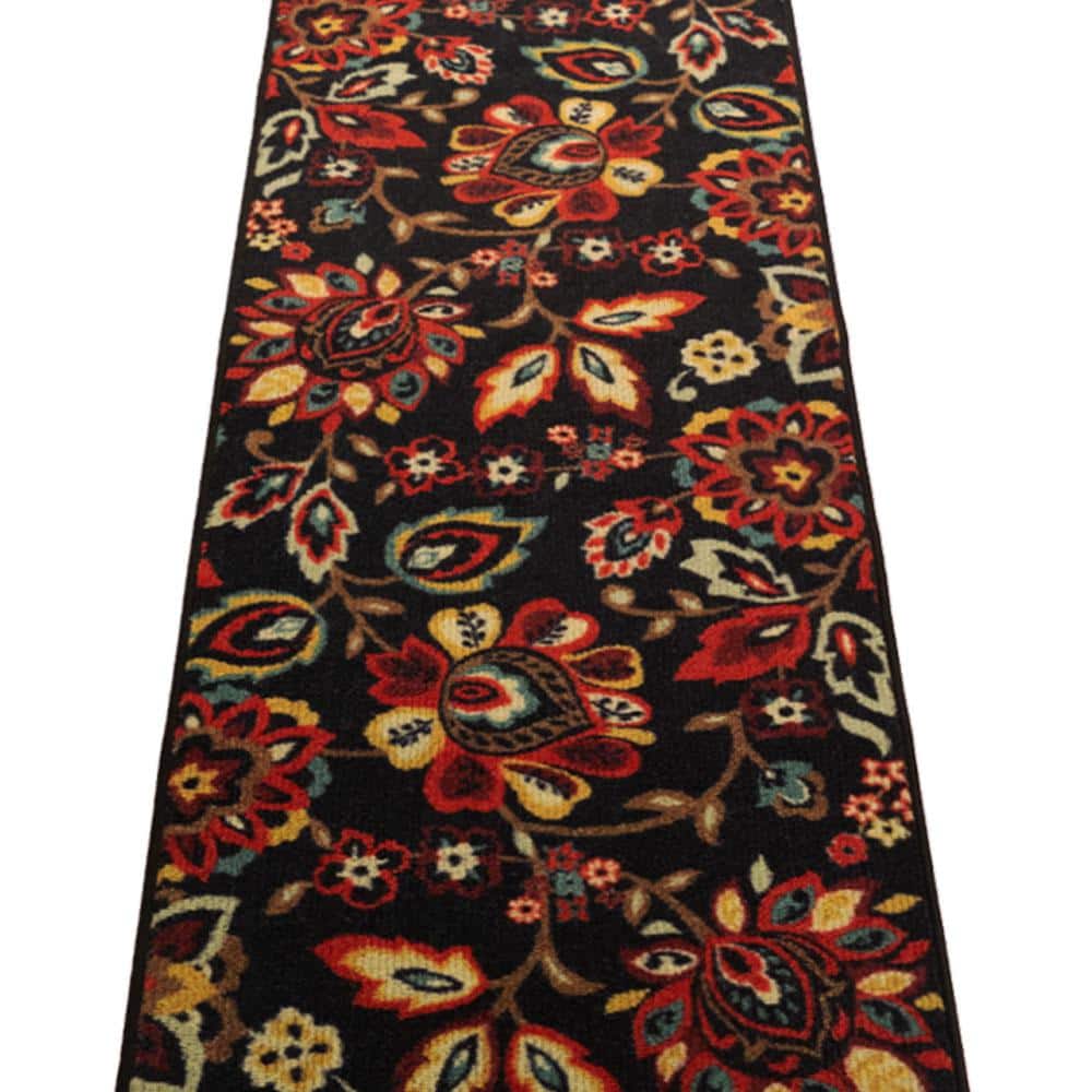 Berber Collection Floral Black 26 in. W x 24 in. L Stair Runner 4.33 sq. ft. - Hercitys