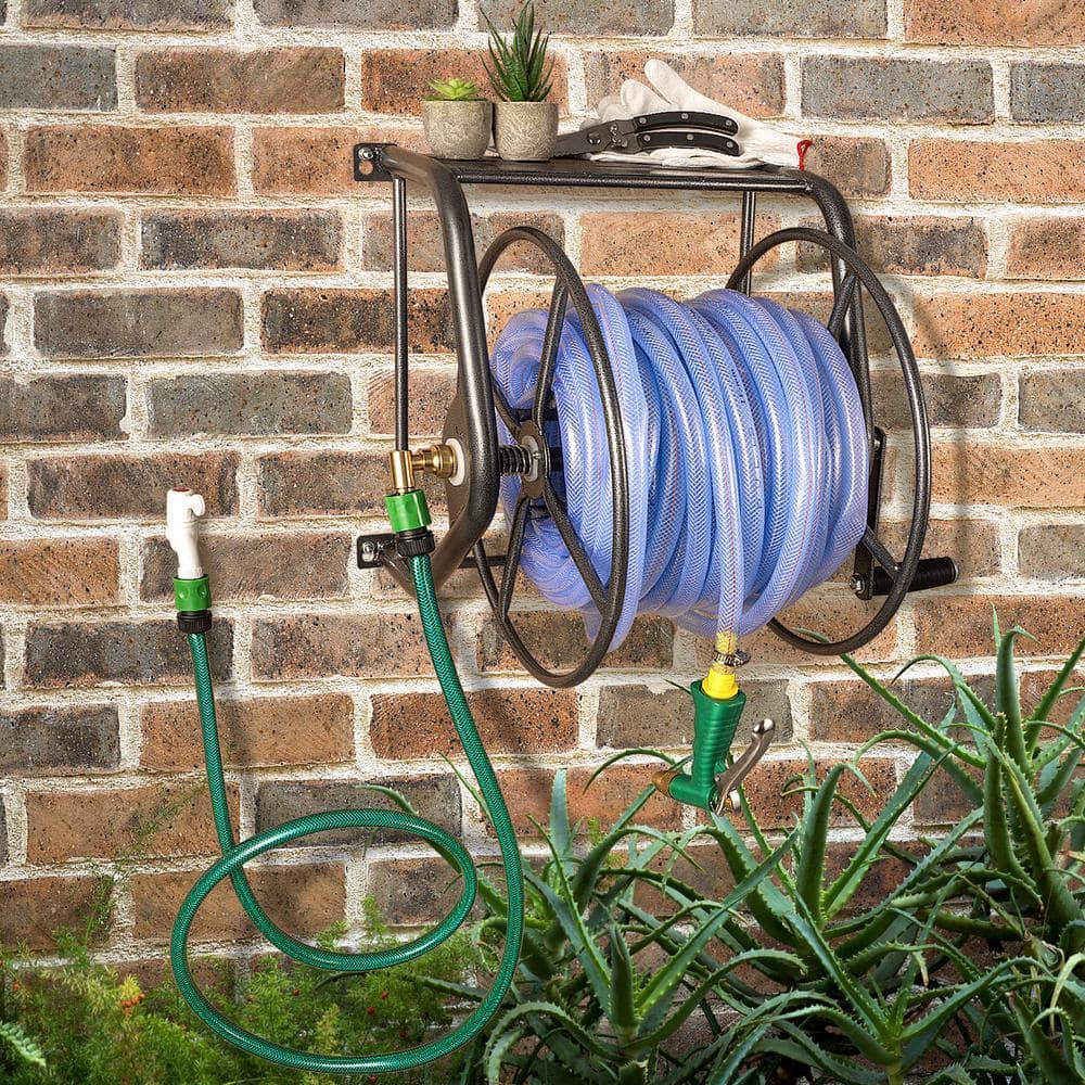 Metal Wall Mount Hose Reel w/Built In Shelf – Hammertone Grey - Hercitys