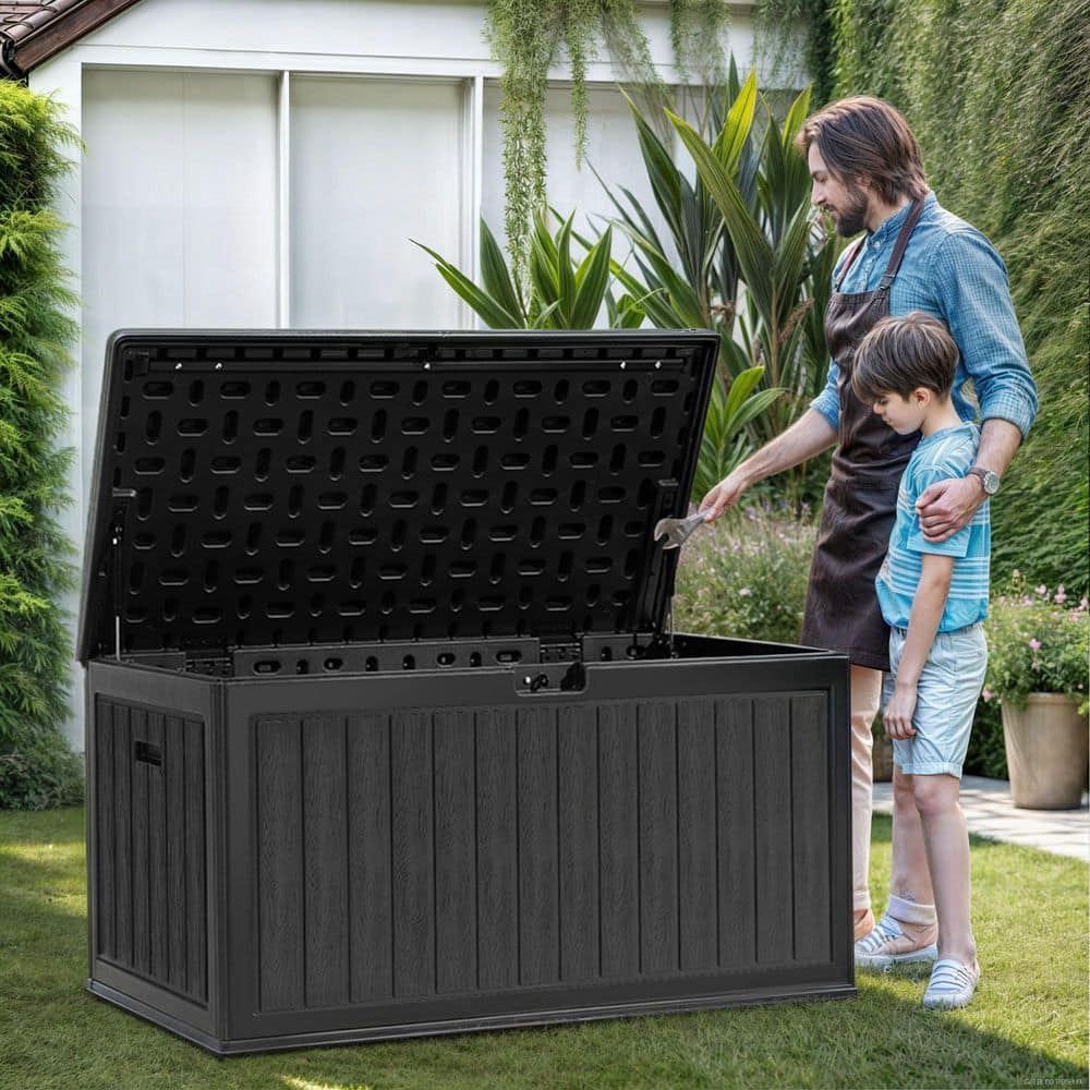 90 Gal. Double-Wall Deck Box, Large Resin Outdoor Storage Box for Patio Furniture, Lockable and Waterproof, Black - Hercitys