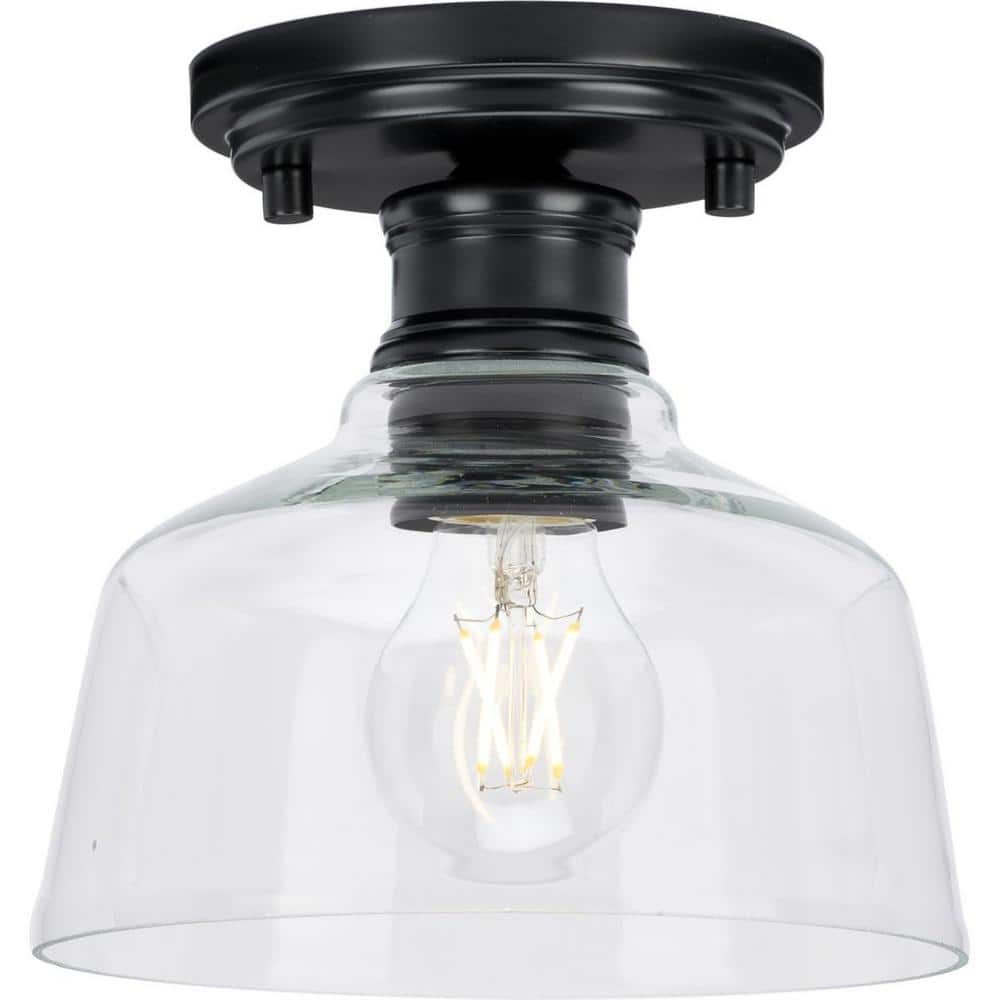 Singleton 7.62 in. 1-Light Matte Black Small Semi-Flush Mount Light with Clear Glass Shade - Hercitys
