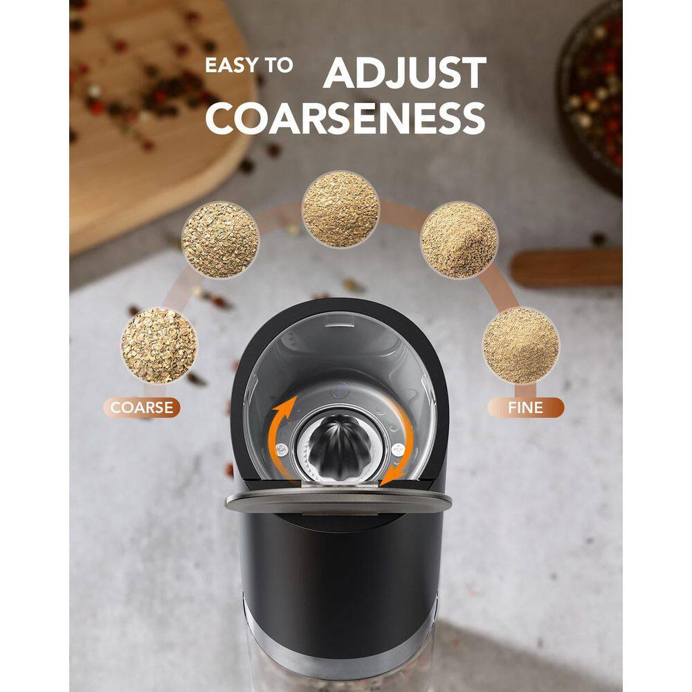 8 oz. Gravity Electric Salt and Pepper Grinder Set with Dust Cover and Light, Black (2-Pack) - Hercitys