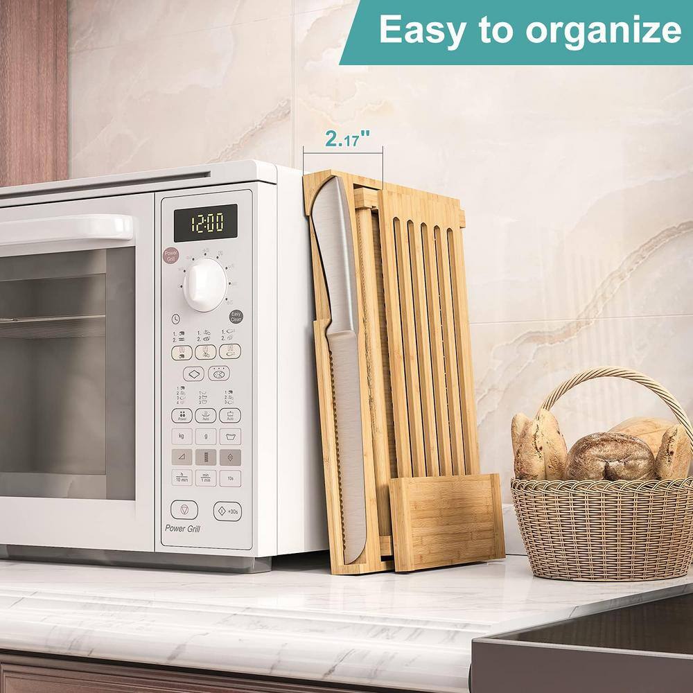 Adjustable Bamboo Bread Slicer Set with Serrated Knife, 3 Slice Thicknesses, Foldable Design & Crumb Tray, Brown - Hercitys