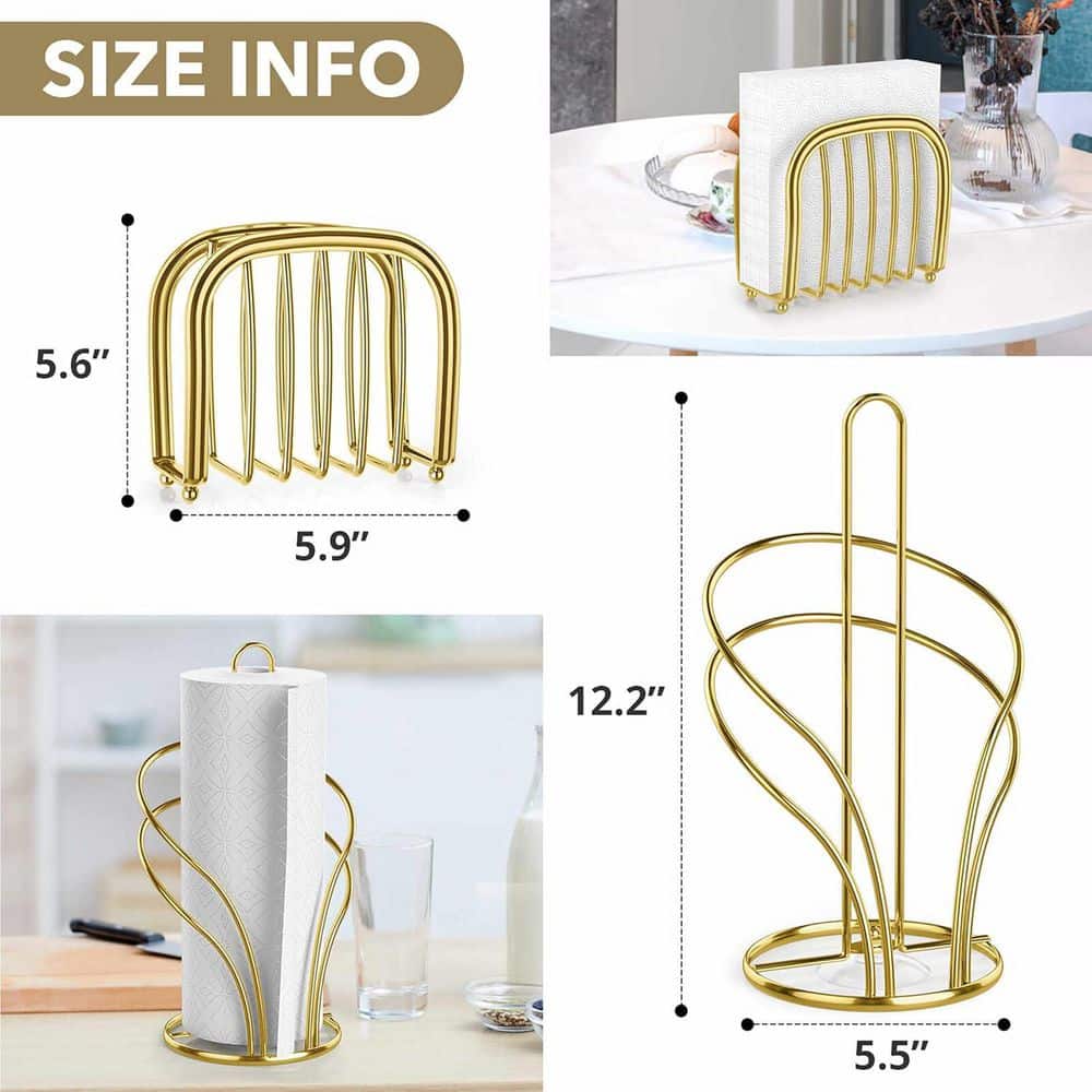 Paper Towel Roll Holder and Paper Napkinholder Set Stainless Steel with Weighted Base Suction Cups in Gold - Hercitys