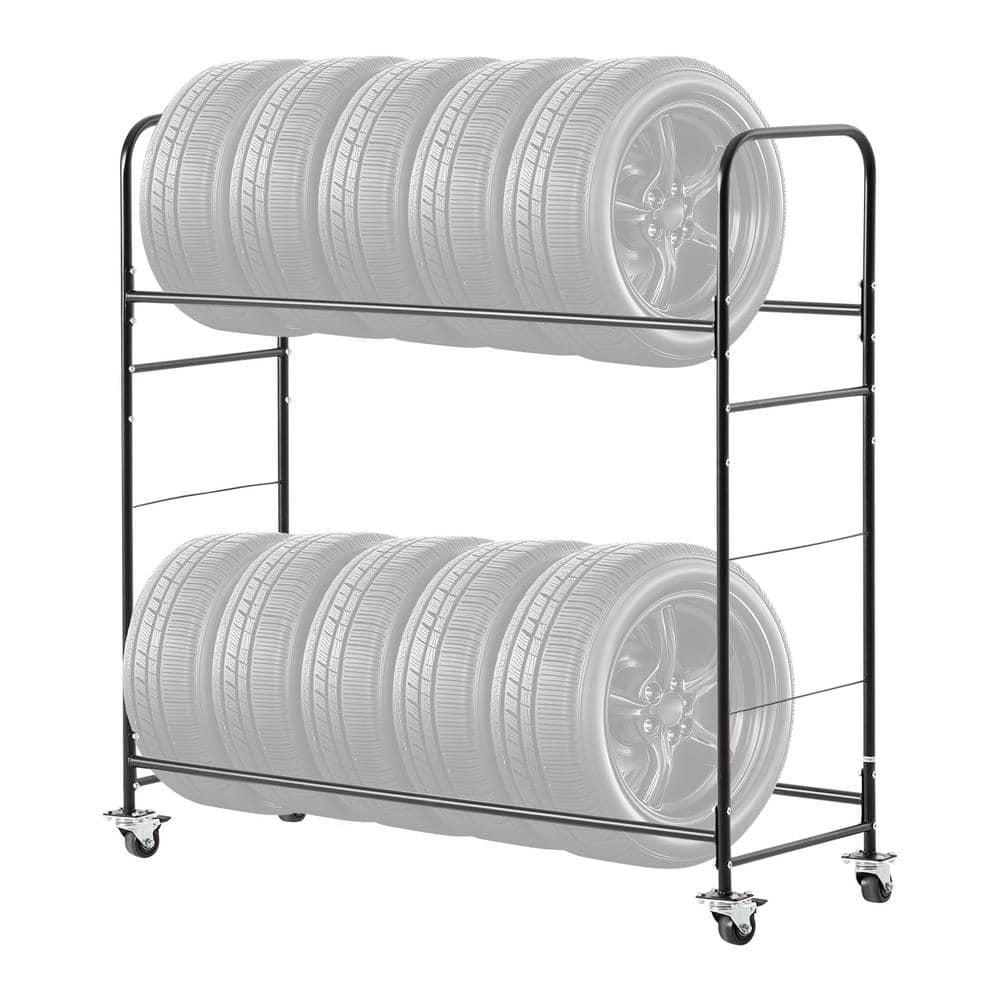 Rolling Tire Storage Rack, 22.44 in. W x 62.4 in. D Black Adjustable Height Steel Garage Wall Shelf, 2-Shelf Holder - Hercitys